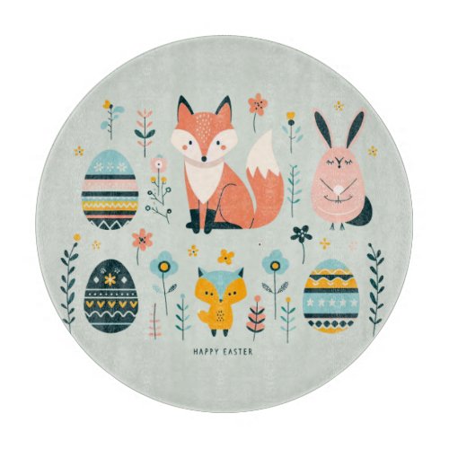 Scandinavian Elegance Fox Bunny Owl and Eggs Cutting Board