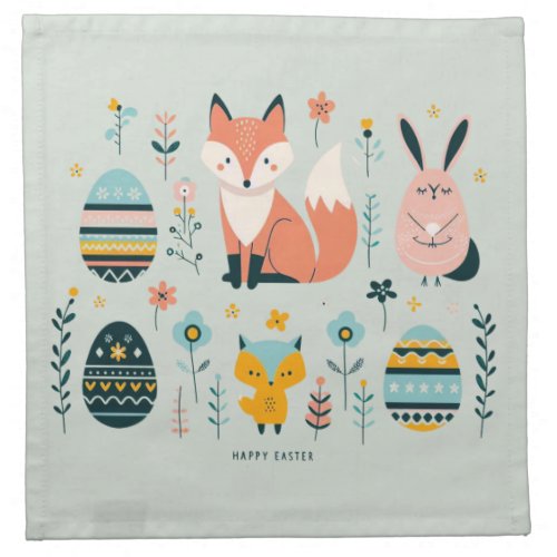 Scandinavian Elegance Fox Bunny Owl Easter Eggs Cloth Napkin