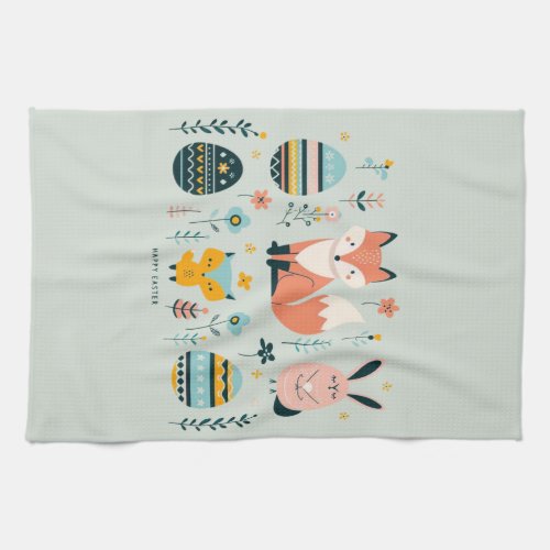 Scandinavian Elegance Fox Bunny Owl Easter Eggs Kitchen Towel