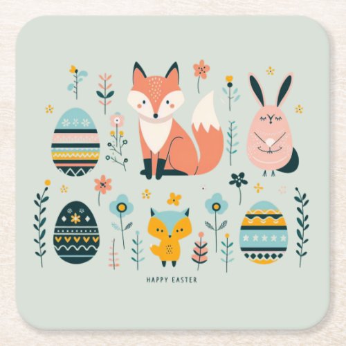 Scandinavian Elegance Fox Bunny Owl Easter Eggs Square Paper Coaster