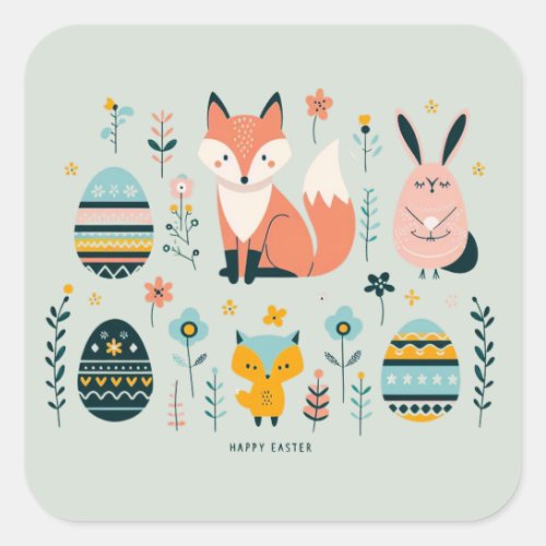 Scandinavian Elegance Fox Bunny Owl Easter Eggs Square Sticker