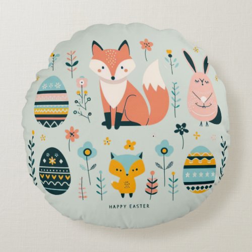 Scandinavian Elegance FoxBunnyOwl Happy Easter  Round Pillow