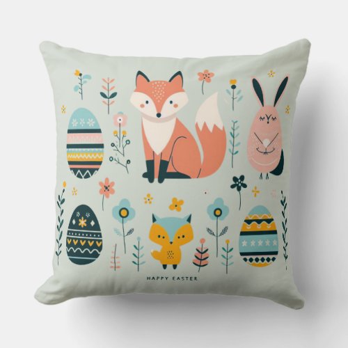 Scandinavian Elegance FoxBunnyOwl Happy Easter  Throw Pillow
