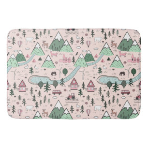 Scandinavian Farm Town Pattern Pink Bath Mat