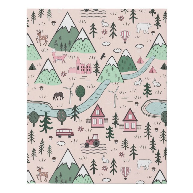 Scandinavian Farm Town Pattern Pink Faux Canvas Print (Front)