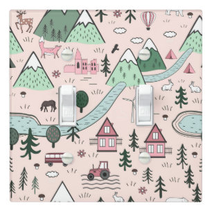 Scandinavian Farm Town Pattern Pink Light Switch Cover