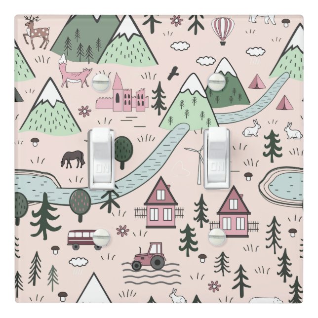 Scandinavian Farm Town Pattern Pink  Light Switch Cover (In Situ)