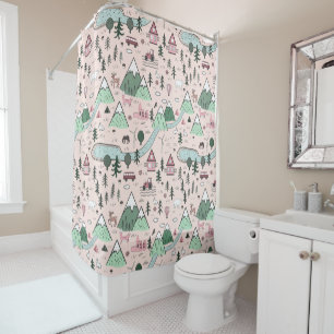 Scandinavian Farm Town Pattern Pink Shower Curtain