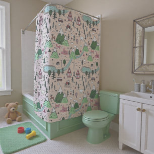 Scandinavian Farm Town Pattern Pink  Shower Curtain