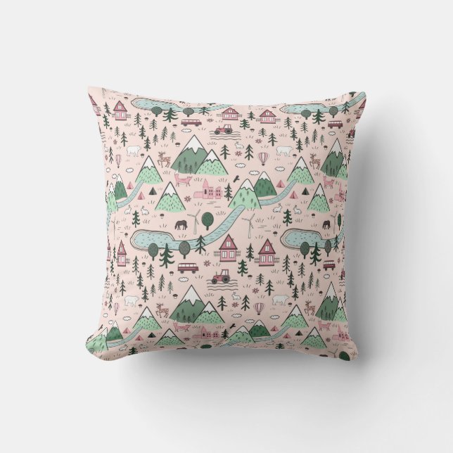 Scandinavian Farm Town Pattern Pink  Throw Pillow (Front)