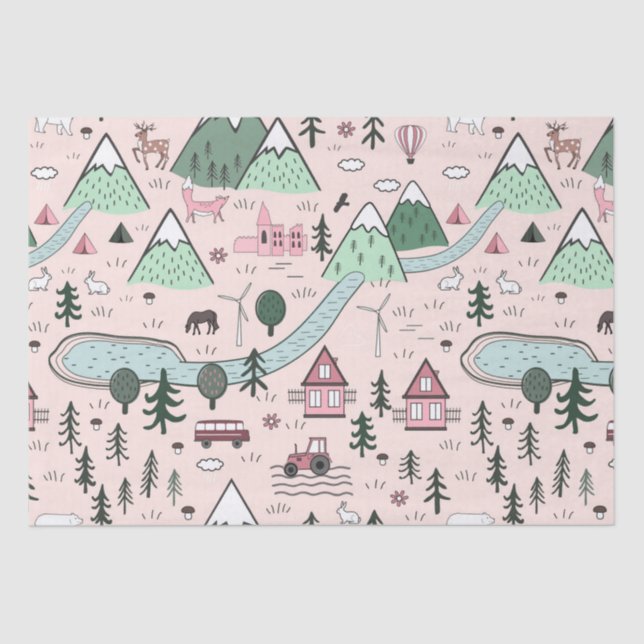 Scandinavian Farm Town Pattern Pink   Tissue Paper (Front)