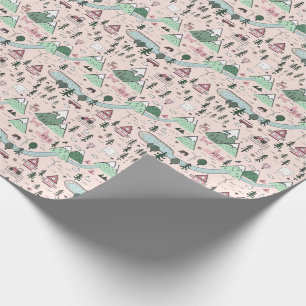 Scandinavian Farm Town Pattern Pink  Wrapping Paper