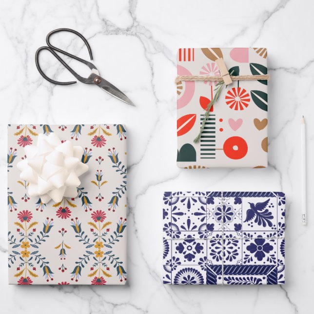 scandinavian floral abstract flowers folk pattern wrapping paper sheets (Front)