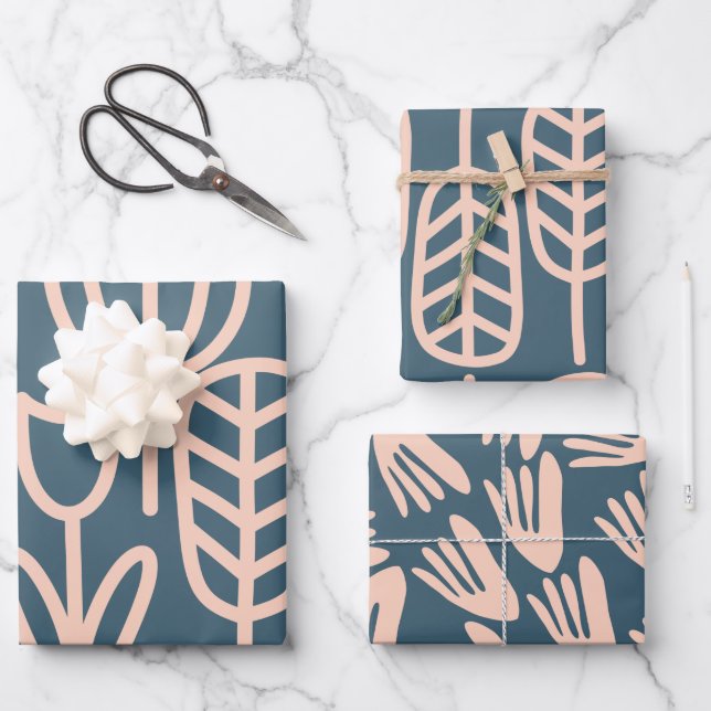 Scandinavian Floral Abstracts Steel Blue Blush Wrapping Paper Sheets (Front)