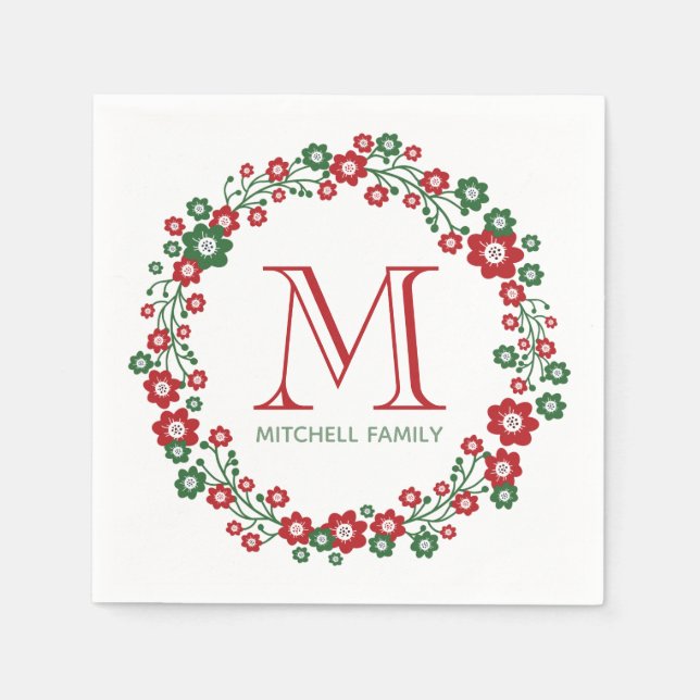 Scandinavian Floral Christmas Wreath Monogrammed Napkins (Front)