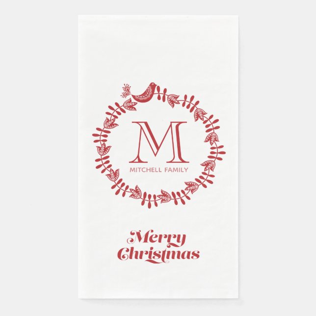 Scandinavian Floral Christmas Wreath Monogrammed  Paper Guest Towels (Front)