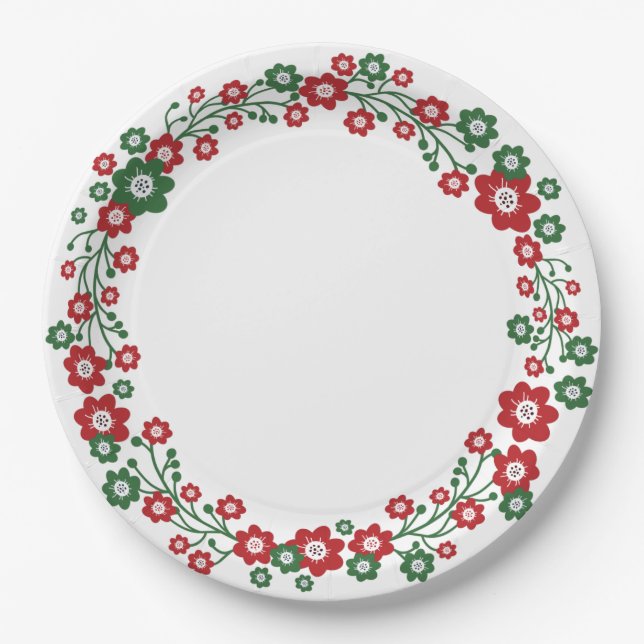 Scandinavian Floral Christmas Wreath Paper Plates (Front)