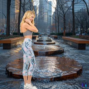 Scandinavian Floral in Blue and Blus – Custom Text Capri Leggings