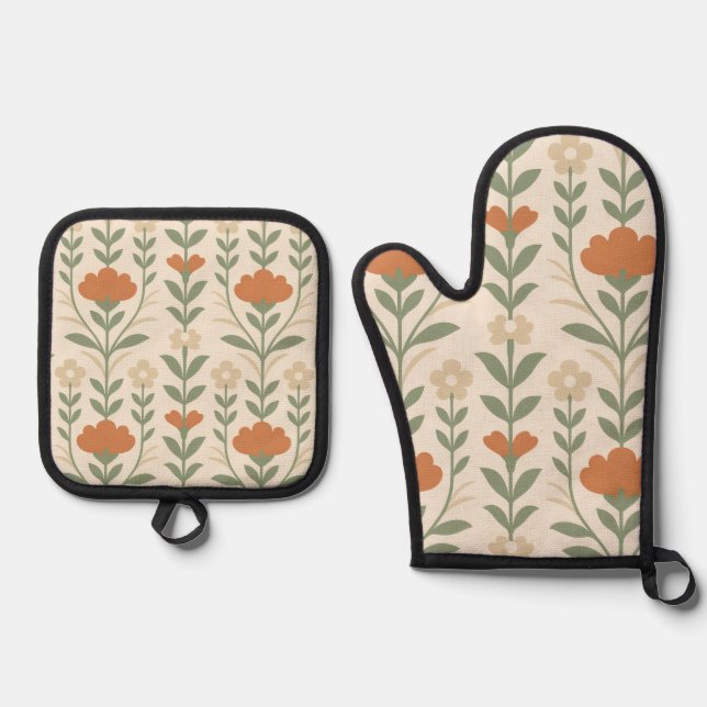 Scandinavian Floral Oven Mitt & Pot Holder Set (Front)