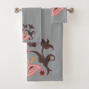 Scandinavian Floral Pattern Gray Pink Bath Towel Set