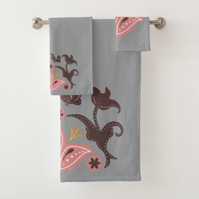 Scandinavian Floral Pattern Gray Pink Bath Towel Set (Insitu)