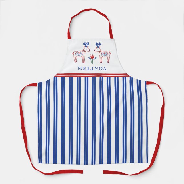 Scandinavian Floral Reindeer Blue Christmas Apron (Front)