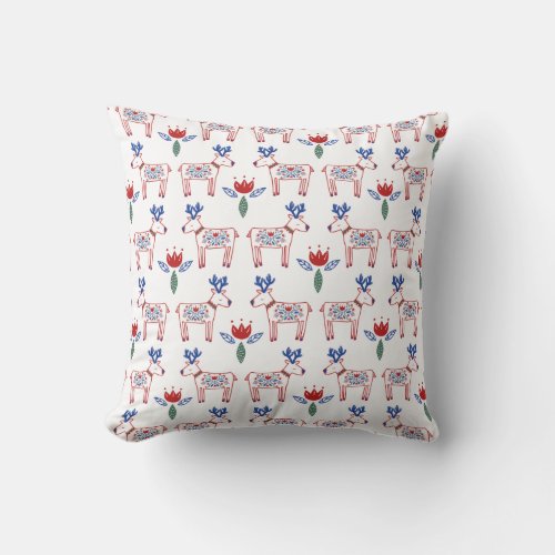 Scandinavian Floral Reindeer Pattern Christmas Throw Pillow