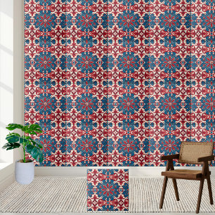 Scandinavian Floral Tile Pattern in Red and Blue