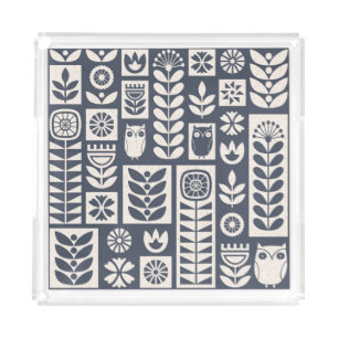 Scandinavian Floral: White, Blue, Minimalist. Acrylic Tray