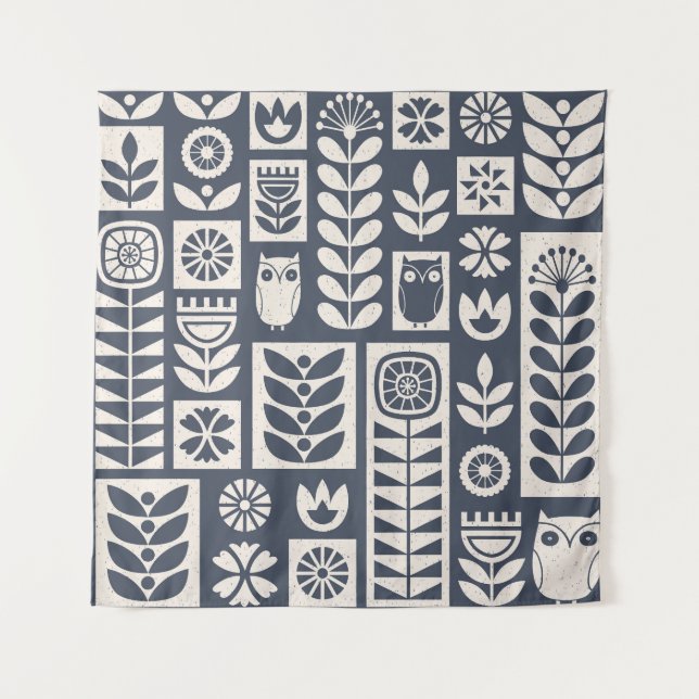 Scandinavian Floral: White, Blue, Minimalist. Tapestry (Front)
