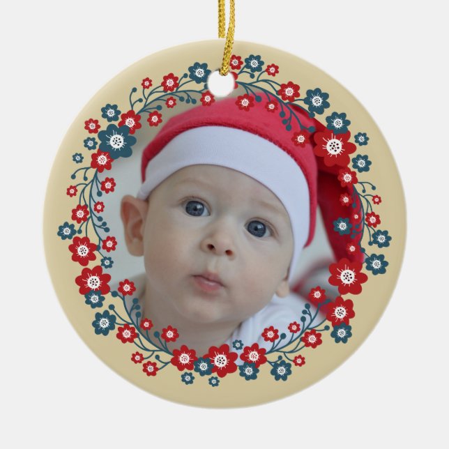 Scandinavian Floral Wreath Custom Photo Ceramic Ornament (Front)