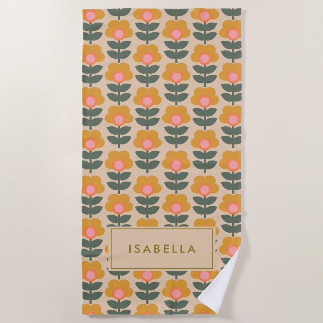 Scandinavian Flower Pattern Personalized Beach Towel (Front)