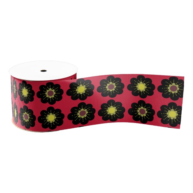 Scandinavian Flowers Black Red  Grosgrain Ribbon (Spool)