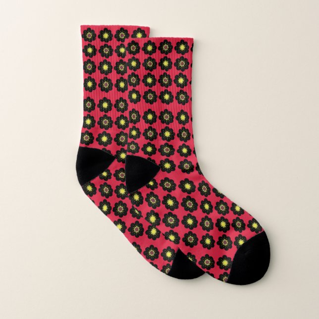 Scandinavian Flowers Black Red  Socks (Pair)