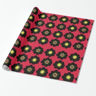 Scandinavian Flowers Black Red  Wrapping Paper