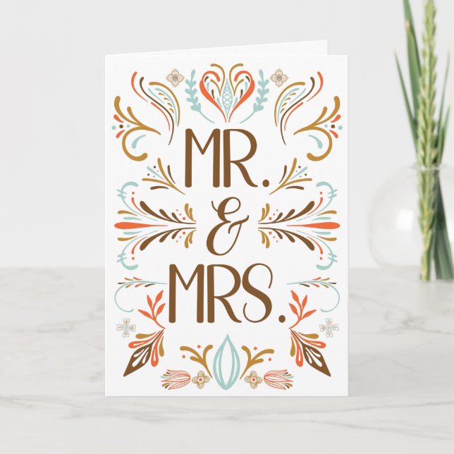 Scandinavian Folk Art Autumn Colors Wedding Card (Front)