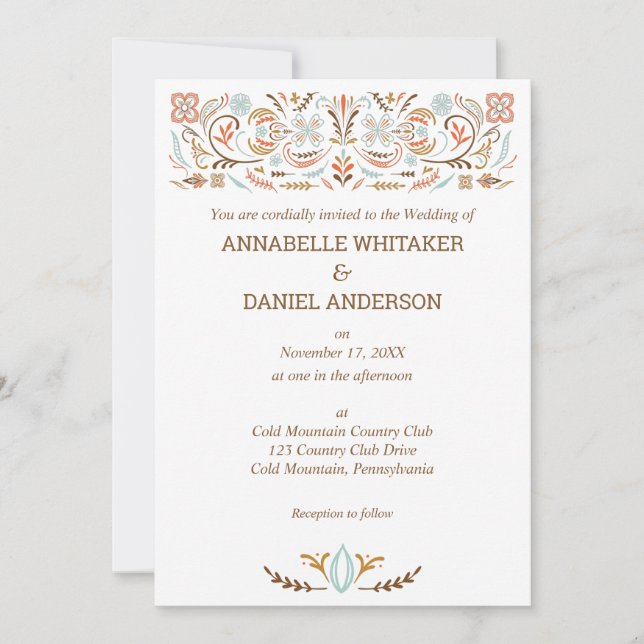 Scandinavian Folk Art Autumn Colors Wedding Invitation (Front)
