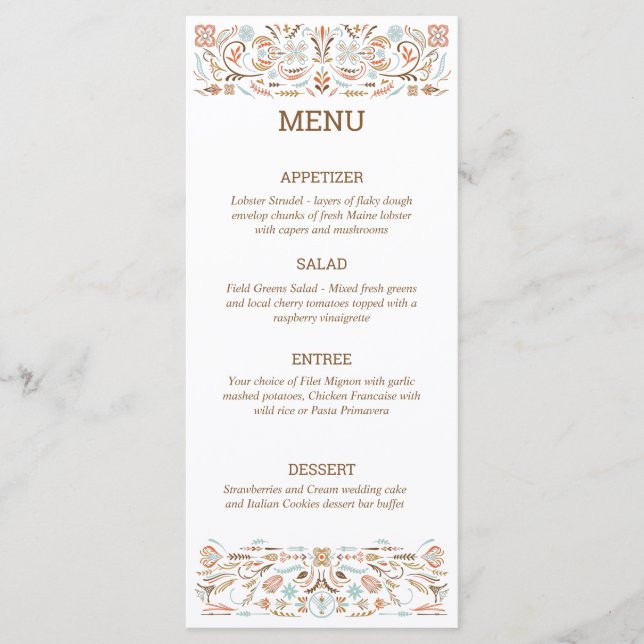 Scandinavian Folk Art Autumn Colors Wedding Menu (Front)