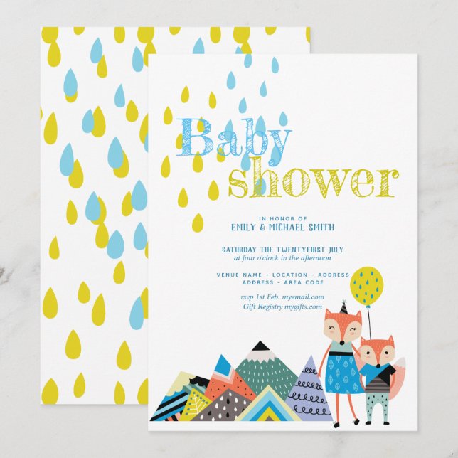 Scandinavian Folk Art Baby Shower Invites Foxes (Front/Back)