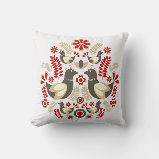 scandinavian folk art bird and flowers nordic throw pillow (Front)
