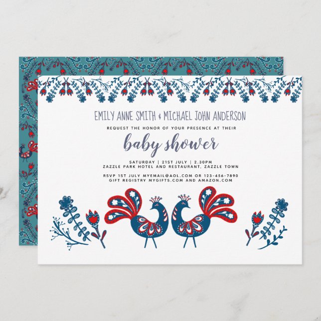 Scandinavian Folk Art Birds BABY SHOWER Blue Red Invitation (Front/Back)