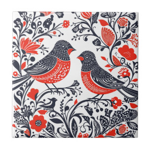 Scandinavian Folk Art Birds Lino Cut Design Ceramic Tile