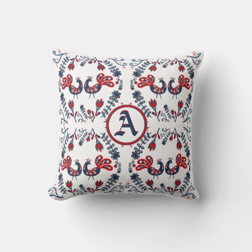 Scandinavian Folk Art Birds Red Blue MONOGRAMMED Throw Pillow