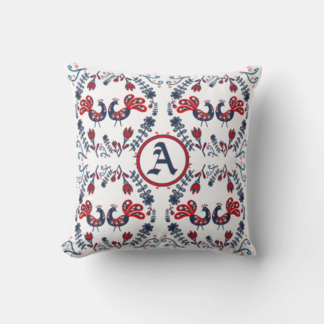 Scandinavian Folk Art Birds Red Blue MONOGRAMMED Throw Pillow (Front)