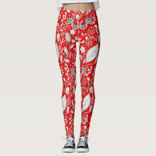 Scandinavian Folk Art Birds Red White Leggings