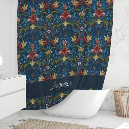 Scandinavian Folk Art Blue Floral Pattern Shower Curtain