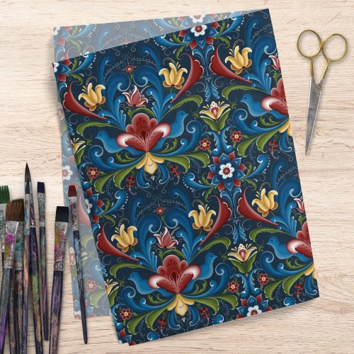 Scandinavian Folk Art Blue Red Floral Pattern Tissue Paper