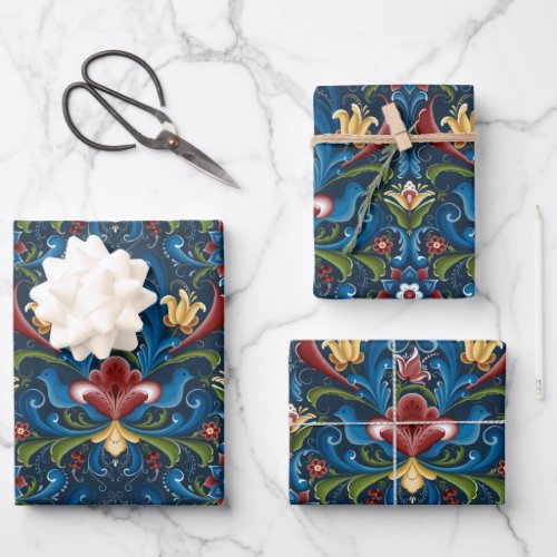 Scandinavian Folk Art Blue Red Floral Pattern Wrapping Paper Sheets