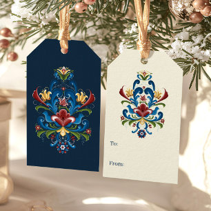 Scandinavian Folk Art Blue Red Floral Rosemaling Gift Tags