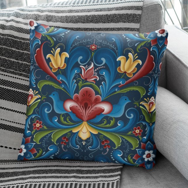 Scandinavian Folk Art Blue Red Floral  Throw Pillow (Creator Uploaded)